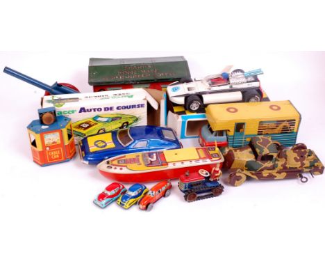 Mixed lot of various tinplate Toys and effects, mixed subjects to include Racing Cars, Boats, Sweet Tins, Construction and mi