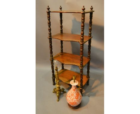 A Victorian Whatnot together with a brass table lamp and a Chinese table lamp