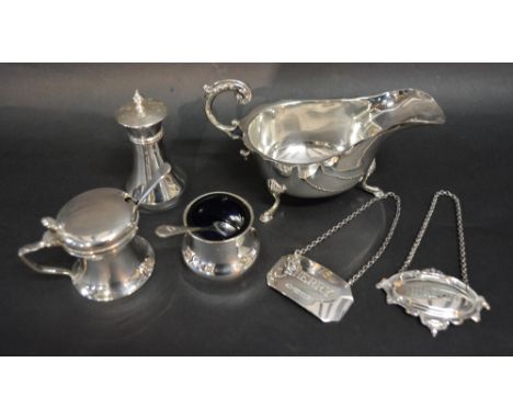 A Birmingham Silver Sauce Jug, together with a Birmingham Silver three piece condiment set and a silver plated decanter label