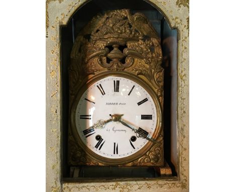 A 19th Century French Painted and Gilded Long Case Clock, the enamel dial inscribed Barbier Jeune a Gournay and with two trai