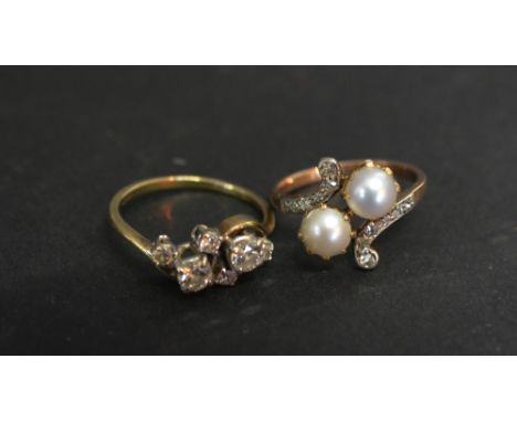 A 9ct. Gold Diamond Set Ring of Crossover Form, together with a 9ct. gold pearl and diamond ring