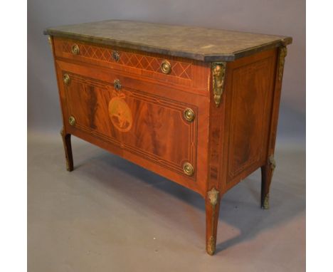 A French Marquetry Inlaid Commode, the green variegated marble top above a frieze drawer above a fall front enclosing two dra