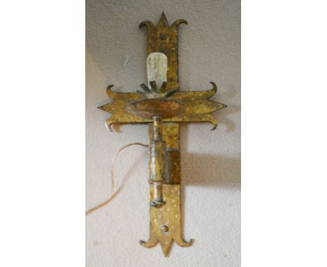 A Continental Gilt Metal Table Lamp of Rustic Form together with a similar wall sconce