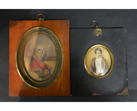 An Early 19th Century French Oval Portrait Miniature of Mademoiselle Malvina dated 1805, 11 x 8 cms together with another sim