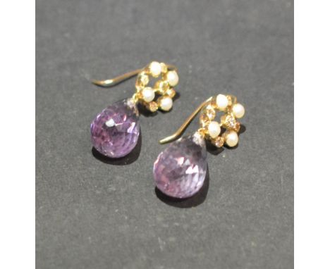 A Pair of Yellow Gold Amethyst and Diamond Drop Earrings, approximately 0.40 / 10.50 ct.