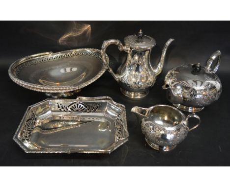 A Silver Plated Three Piece Tea Service together with two silver plated comports