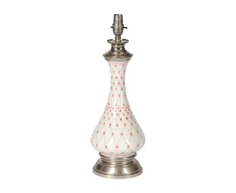 A CHROME AND CERAMIC TABLE LAMPRECENLY MANUFACTURED BY BELLA FIGURAOf baluster form, and with floral shade39cm high (excludin