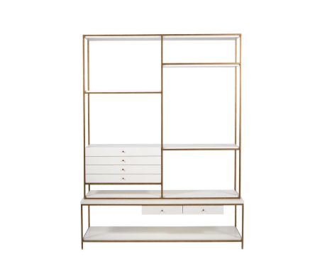 A FLIGHT OF WHITE VELUM PARCHMENT AND TUBULAR BRASS STANDING SHELVESOF RECENT MANUFACTUREDesigned by Julian ChichesterWith ar