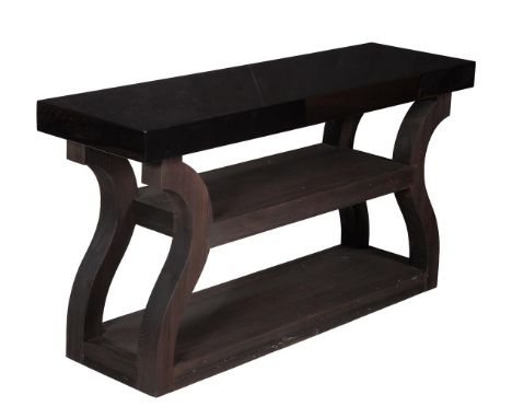 A BLACK LACQUERED CONSOLE TABLEOF RECENT MANUFACTUREThe rectangular tops on shaped supports80cm high, 150cm wide, 45cm deepCo