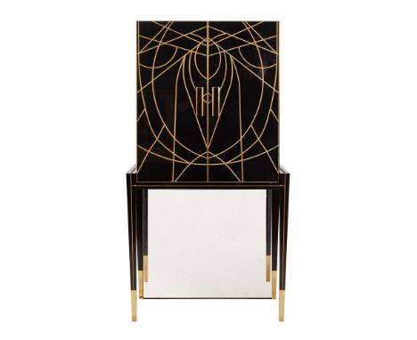 A BLACK AND GOLD COCKTAIL CABINET IN ART DECO STYLEMODERN166cm high, 79cm wide, 50cm deepCondition Report: Marks, knocks, scr