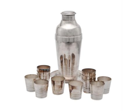 CHRISTOPHLE, A PAIR OF SILVER PLATED COCKTAIL SHAKERS, AND A STANDIN ART DECO TASTEWith removable cap and upper section to th