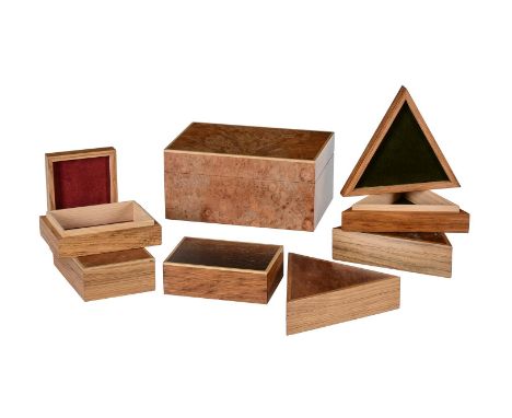 CHRISTOPHER VICKERS, A COLLECTION SEVEN BOXESTo include a maple, ash and box strung rectangular box and hinged cover9cm high,