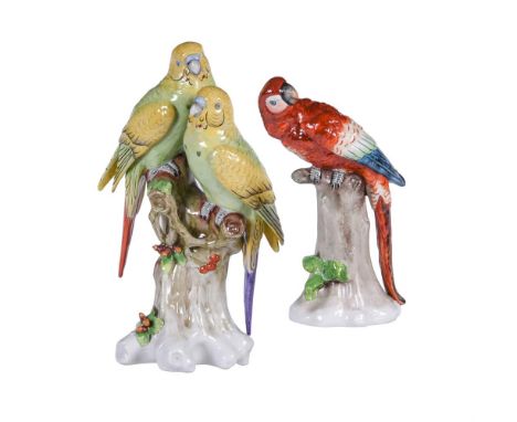 A MODERN SITZENDORF GROUP OF A PAIR OF BUDGERIGARS OR SHELL PARAKEETS, AND A SIMILAR MODEL OF A SCARLET MACAW Each naturalist