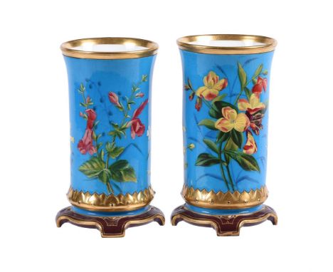 A PAIR OF MINTON AESTHETIC MOVEMENT BLEU CELESTE GROUND CYLINDRICAL VASESDATED 1871, THE DESIGN ATTRIBUTED TO CHRISTOPHER DRE