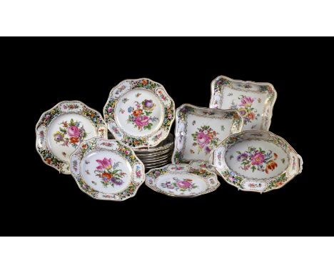 A DRESDEN PORCELAIN PART DESERT SERVICECIRCA 1900Decorated with flowersComprising; a shaped oval two handled serving dish, 26