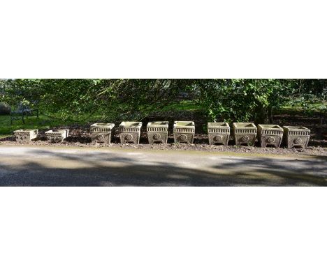 A SET OF EIGHT COMPOSITION STONE GARDEN PLANTERS20TH CENTURYOf square tapering formTogether with a further pair of plantersPr