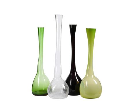 A GROUP OF FOUR BELGIAN L'AN VERT ART GLASS VASESSECOND HALF 20TH CENTURYOf tall bottle form, three with clear signatures, co