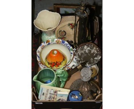 A box of miscellaneous to include Masons, Sylvac, Torquay ware, Blue and white, Table lamp base etc