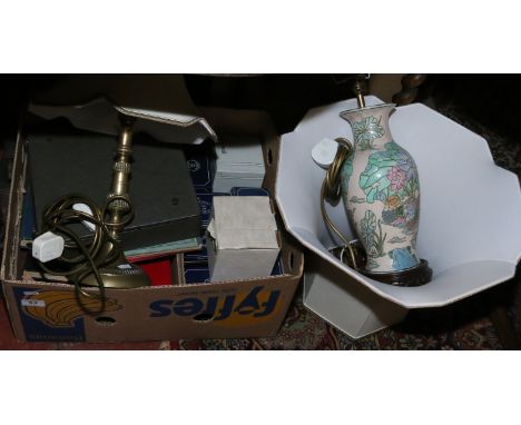 A box of early C20th books, vintage travelling typewriter, boxed china, two tablelamps etc.
