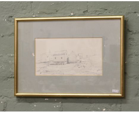 R. Waller. A gilt framed pencil sketch depicting building within a coastal landscape.