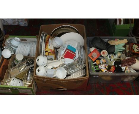 Three boxes of miscellaneous ceramics and glass to include Adderley china, part tea service, ornaments, dinner wares and cutl