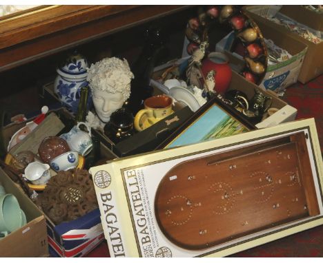 Three boxes of miscellaneous including Minton blue and white, Wedgwood, glassware etc, along with two framed mirrors a framed