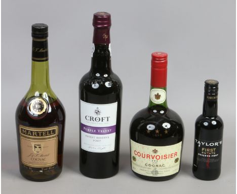 Four unopened bottles of alcohol to include a bottle of Croft port, Martell cognac, Courvoisier cognac and Taylors reserve po