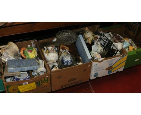 Four boxes of miscellaneous to include glasswares, Wedgwood, ceramic figures, novelty teapots etc.