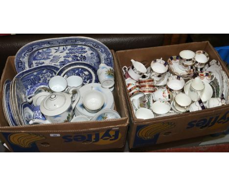 Two boxes of mixed pottery and china including blue and white, Spode tea cups and saucers, Japanese tourist wares Noritake et