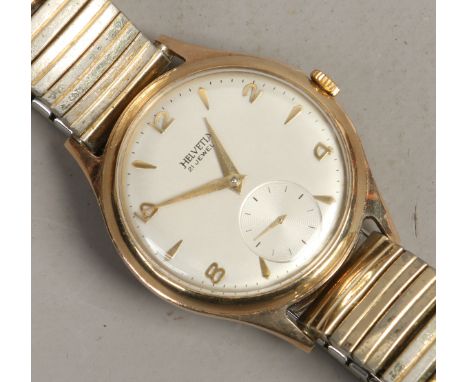 A gentlemans vintage 9ct gold cased Helvetia manual presentation watch on plated bracelet with satin dial, numeral and tear d