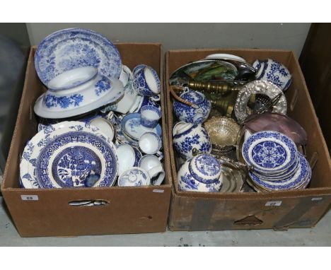 Two boxes of mainly blue and white pottery and metalwares to include Royal Crown Derby, Wedgwood, Masons, Spode etc.