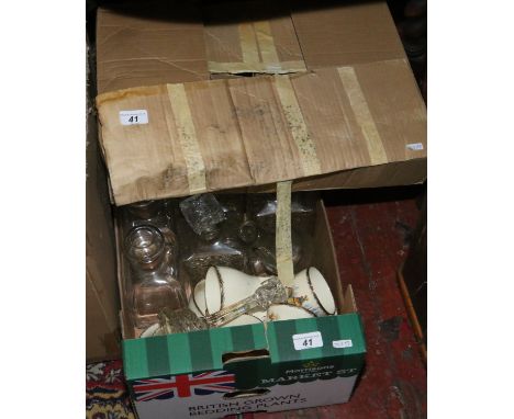 Two boxes of miscellaneous to include glass decanters, brassware, J Fryer and son tea set, Clan Macgregor Scotch whisky glass