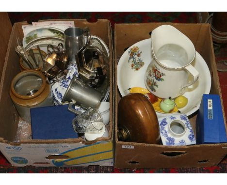 Two boxes of miscellaneous including a Carltonware cruet set, copper hot water bottle, Mappin & Webb silver plate, stoneware 