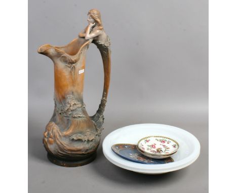 A Goldscheider style Austrian Art Nouveau style ewer surmounted with a maiden, two cloud glass dishes, a Bavarian dish and tw