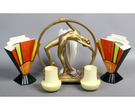 Art Deco plaster cast study of a naked young woman together with a pair of Carltonware vases, Sylvac vase and a pair of Dorot