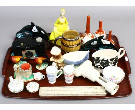 A tray of collectables including Hornsea, Poole, Crown Devon, Carlton ware, Kutani vases, vintage camera etc