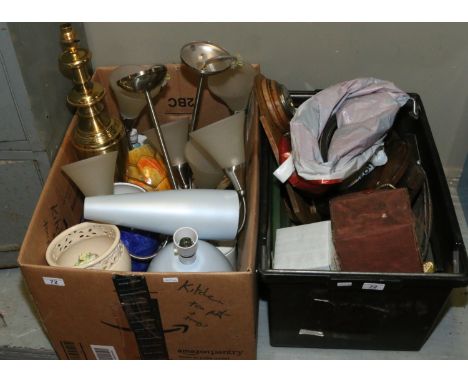 Two boxes of miscellaneous ceramics, light fitting, barometer, clock parts, metalwares and a Kodak box etc 