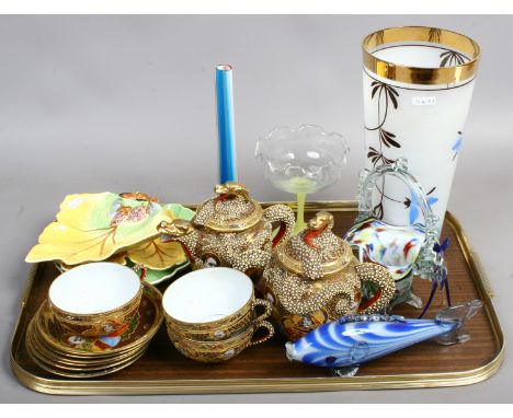 A collection of art glasses and ceramics to include oriental part tea service with lithophane panels of Geisha, Carltonware, 