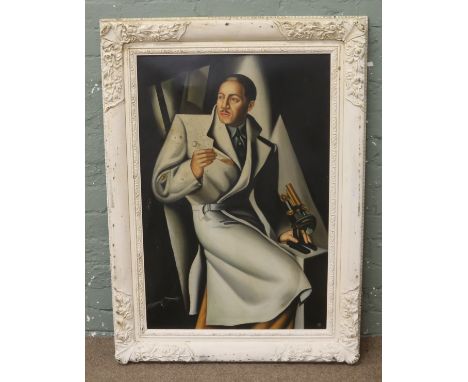 After Tamara de Lempicka, a large framed Art Deco style oil on canvas portrait of Dr. Boucard, 90 x 60cm.