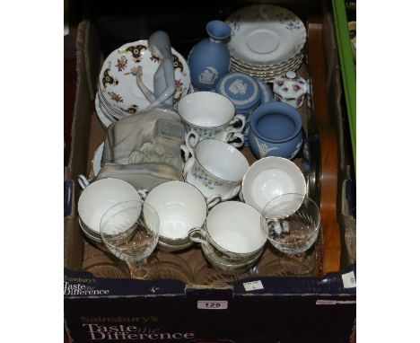 A box of miscellaneous to include banjo barometer, Royal Albert, Lladro style figure, teawares etc.