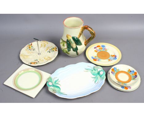 A quantity of Clarice Cliff pottery, Celtic harvest cake stand, teawares etc. { Now minus the Jug with the parrot { "withdraw