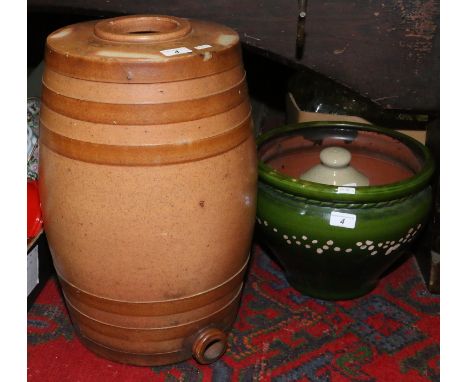 A large Lambeth salt glaze flagon together with a large green glaze planter (AF) and a stoneware hot water bottle.