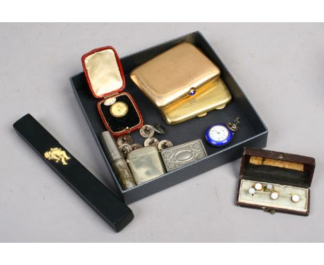 A box of collectables including vintage yellow metal cigarette cases one with cabachon sapphire clasp, a ladies white metal a