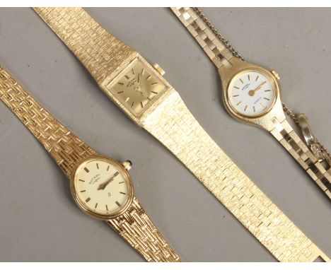 Three ladies vintage gilt metal Rotary wristwatches, two manual and on quartz.
