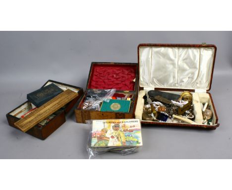 A group of collectables to include a box containing Salters pocket balance, multi tools, pin badges etc, two inlaid boxes con