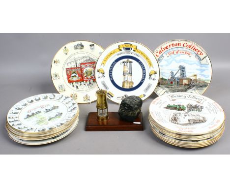 Mining interest; a quantity of collectors plates, along with a mounted miniature miners lamp and piece of coal.