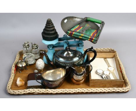 A tray of collectables  including cast kitchen scales and weights, silver plated tureen, part teaset, silver salt seller, hip