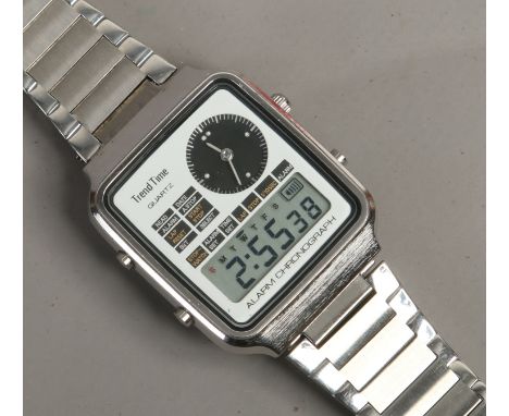 A retro stainless steel Trend Time bracelet watch, alarm chronograph with analogue and digital display.