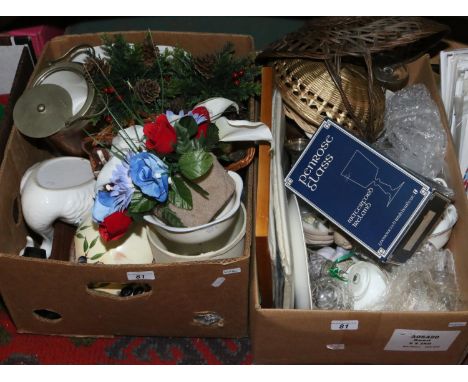 Two boxes of miscellaneous to include china and glasswares, camera basket wares etc