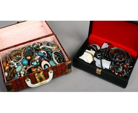 Two boxes of costume jewellery to include mainly beads, bangles, dress rings, trinket boxes etc.